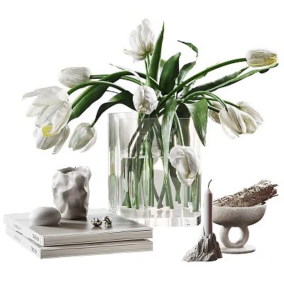 Decorative Ornament Set with White Tulips Clear Glass Vase Irregular Ornament and Stack of Books 3d model