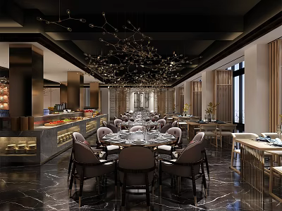 Elegant Restaurant Interior With Ornate Chandelier Open Kitchen Marble Flooring And Dining Tables 3d model
