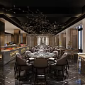 Elegant Restaurant Interior With Ornate Chandelier Open Kitchen Marble Flooring And Dining Tables