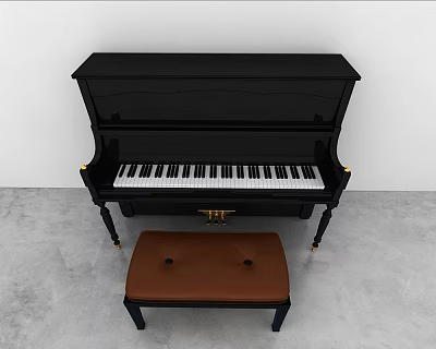 Black Upright Piano With Brown Bench And Classic Musical Instrument Design 3d model