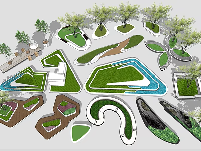 Flower Beds And Planters In Creative Landscape Design With Various Shapes Green Plants And Water 3d model
