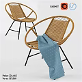 Stylish Rattan Leisure Chairs With Round Backrest Black Metal Legs And Blue Dotted Cloth