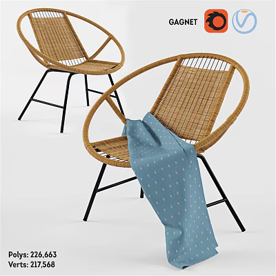 Stylish Rattan Leisure Chairs With Round Backrest Black Metal Legs And Blue Dotted Cloth 3d model