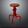 Red Stool With Wooden Seat And Metal Frame Featuring Adjustable Knobs And Four Legs