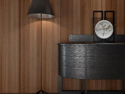 Modern Console Table And Side Cabinet Design With Wooden Wall Lamp And Decorative Plate 3d model