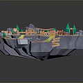 Scenic Floating Island Landscape With Green Trees Small Buildings Fences Red Barrels And Rocky Terrain