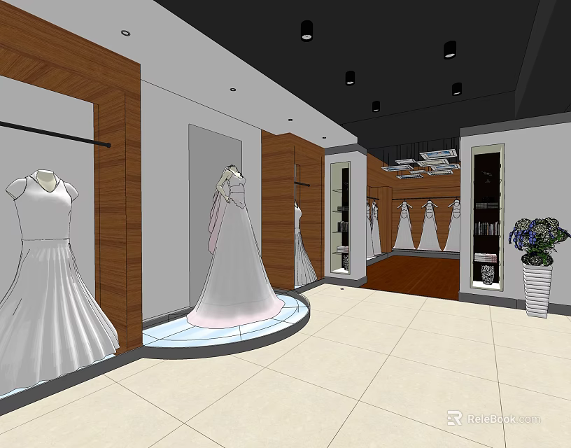 Elegant Bridal Shop Interior With Wedding Dresses Wooden Displays And Illuminated Showcase 3d model 