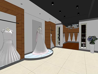 Elegant Bridal Shop Interior With Wedding Dresses Wooden Displays And Illuminated Showcase 3d model
