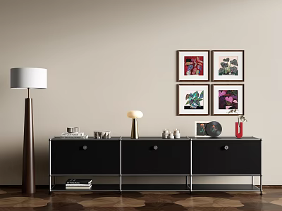 Modern Entryway Console Table With Floor Lamp Decorative Items And Wall Art 3d model