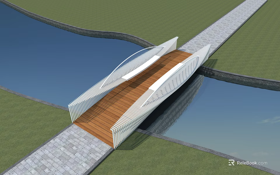 Modern White Bridge With Wooden Deck Spanning Over Water Between Grass And Stone Path 3d model 