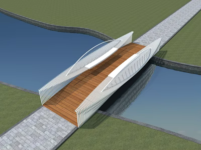Modern White Bridge With Wooden Deck Spanning Over Water Between Grass And Stone Path 3d model