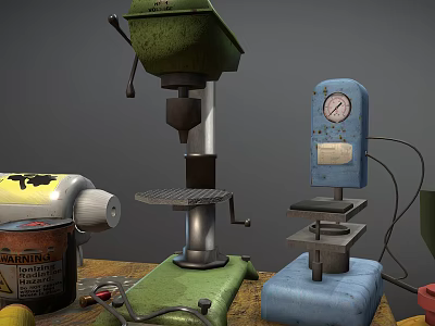 Industrial Equipment Collection Featuring Green Drill Press Blue Press Machine Workbench And Yellow Canister 3d model