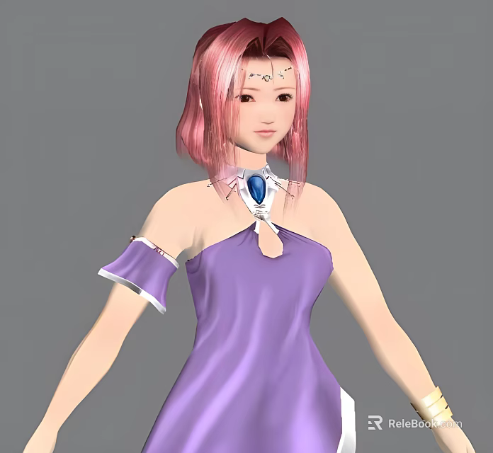 Game And Movie Character With Pink Hair Sleeveless Purple Dress And Blue Gem Necklace 3d model 