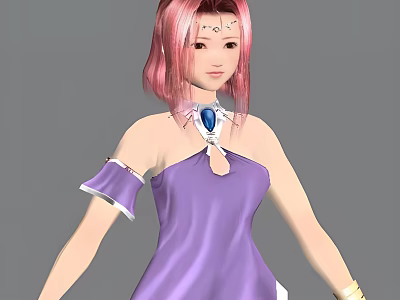 Game And Movie Character With Pink Hair Sleeveless Purple Dress And Blue Gem Necklace 3d model