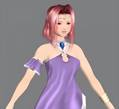 Game And Movie Character With Pink Hair Sleeveless Purple Dress And Blue Gem Necklace 3d model