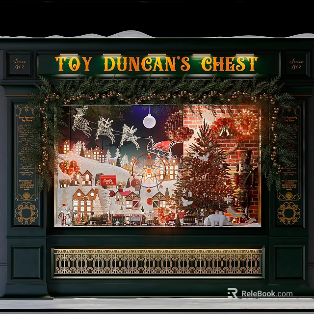 Festive Commercial Window Display Equipment with Christmas Decorations Reindeer Tree and Lighting 3d model 