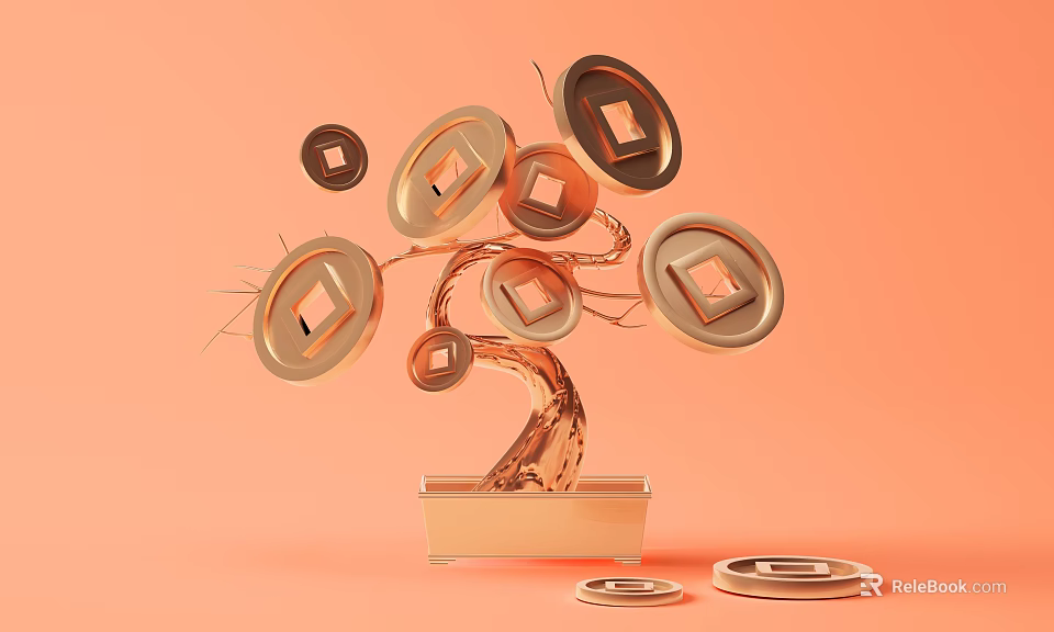 Decorative Bonsai Plant With Coin Shaped Ornaments In Square Pot On Orange Background 3d model 