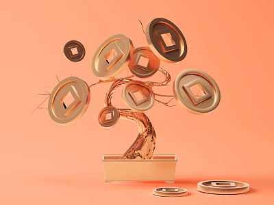 Decorative Bonsai Plant With Coin Shaped Ornaments In Square Pot On Orange Background 3d model