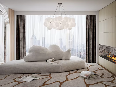 Modern Living Room Interior With Irregular-shaped Sofa Plush Cushions And Pendant Light 3d model
