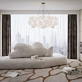 Modern Living Room Interior With Irregular-shaped Sofa Plush Cushions And Pendant Light