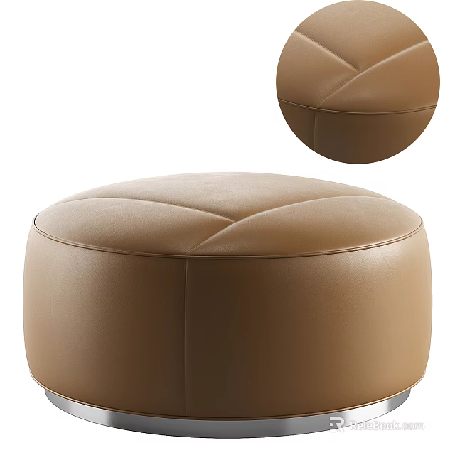 Brown Leather Ottoman With Round Shape Stitched Surface And Metal Legs 3d model 