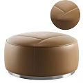 Brown Leather Ottoman With Round Shape Stitched Surface And Metal Legs