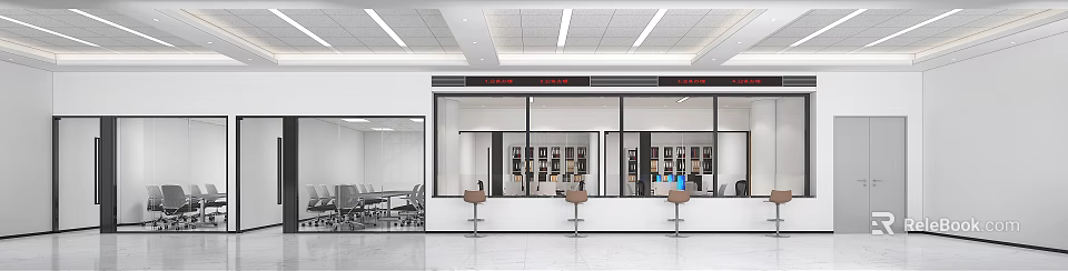 Modern Service Hall Interior With Glass Windows High Stools And Bookshelves 3d model 