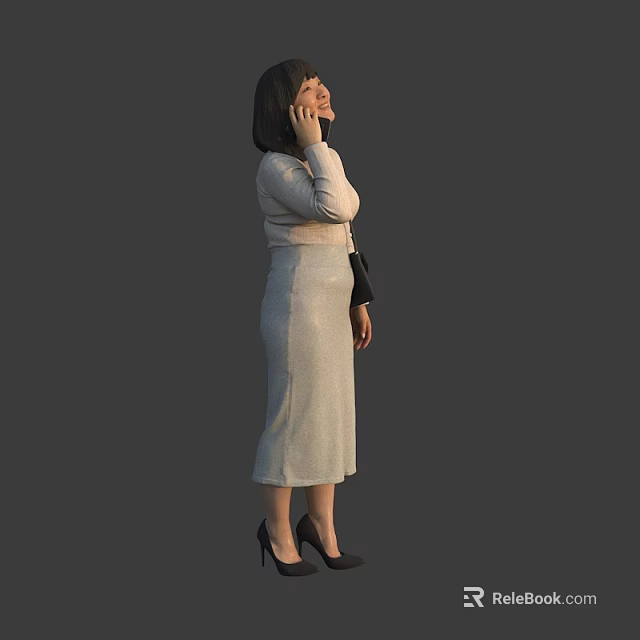 Woman Wearing White Long Dress and Black High Heels Talking on Phone Smiling 3d model 