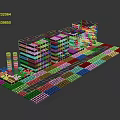 Cartoon Scene With Blue Multi Story Buildings Gray Roofs Orange Towers And Green Plants