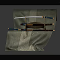 Traditional Japanese Katana Displayed On Wooden Stand With Decorative Sheaths And Carp Patterned Fabric