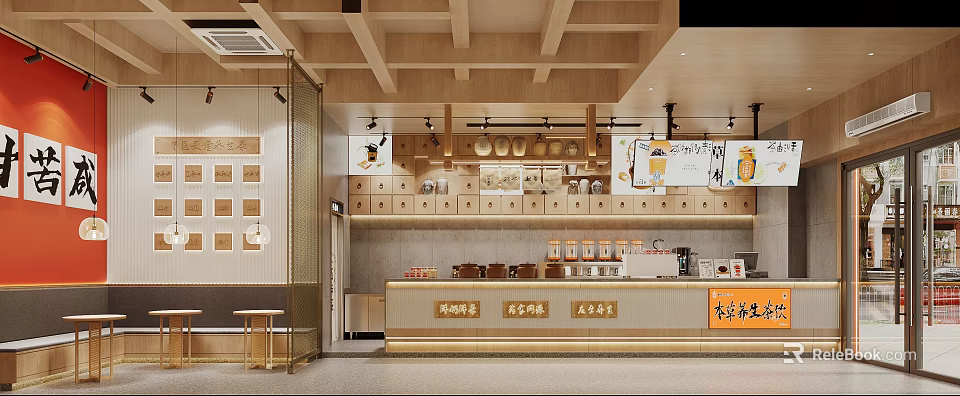 Cozy Bubble Tea Shop Interior With Wooden Decor And Menu Displays 3d model 