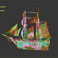 Wooden Sailing Ship Model With Multiple Sails Mast And Green Brown Hull