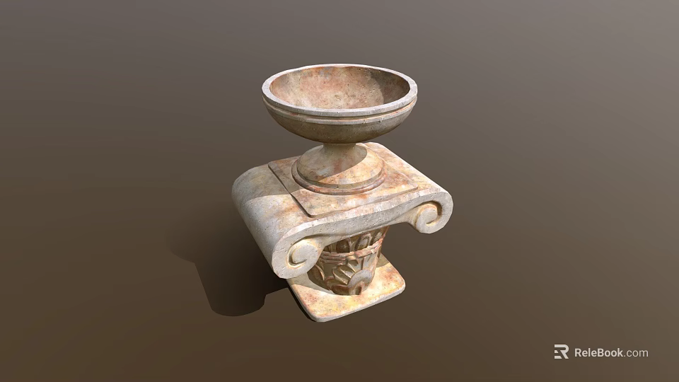 Stone Carved Plant Container With Ornate Pedestal Base And Decorative Bowl 3d model 