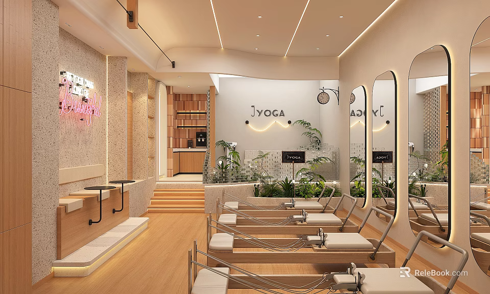 Yoga Studio Interior With Hammock Seats Mirrors Green Plants And Wooden Floor 3d model 