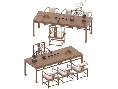 Traditional Chinese Tea Table Set With Wooden Chairs And Decorative Ornaments 3d model
