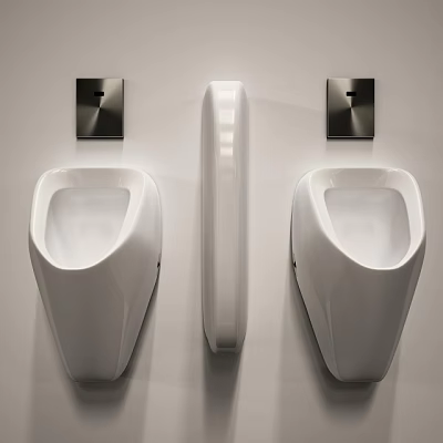 Modern White Urinals Design with Central Partition and Black Metal Plates 3d model