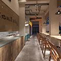 Industrial Style Hotpot Restaurant Interior With Wooden Tables Chairs Hanging Lamps And Open Kitchen
