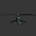 Military Camouflage Helicopter with Large Rotors Green Yellow Camouflage Pattern Weaponry Equipment Dark Background Reflection