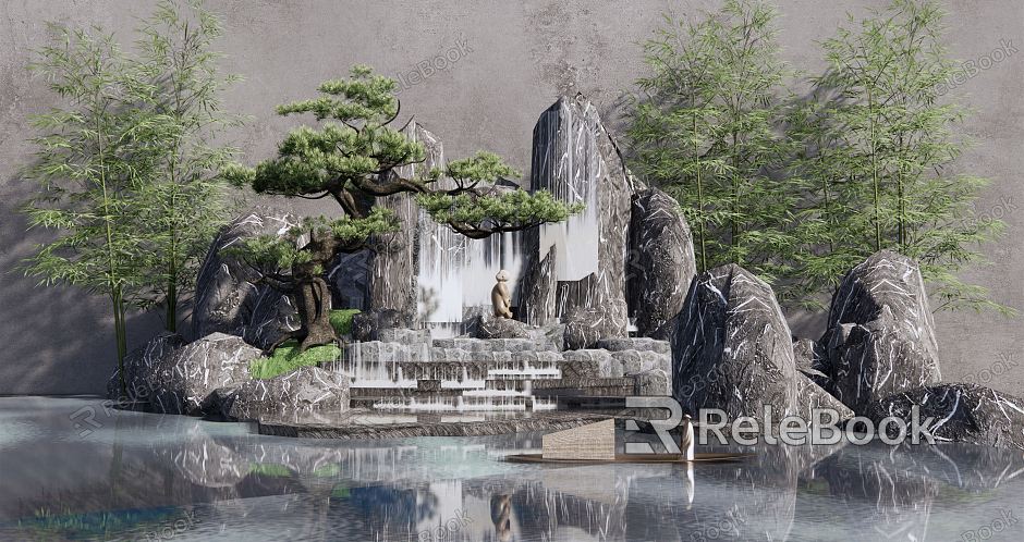 New Chinese style landscape sketch rockery waterscape waterscape waterfall landscape courtyard landscape sketch gardening sketch stone pine tree bamboo model