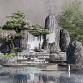 Courtyard Garden With Rock Waterfall Pine Tree Reflective Pond And Surrounding Green Trees