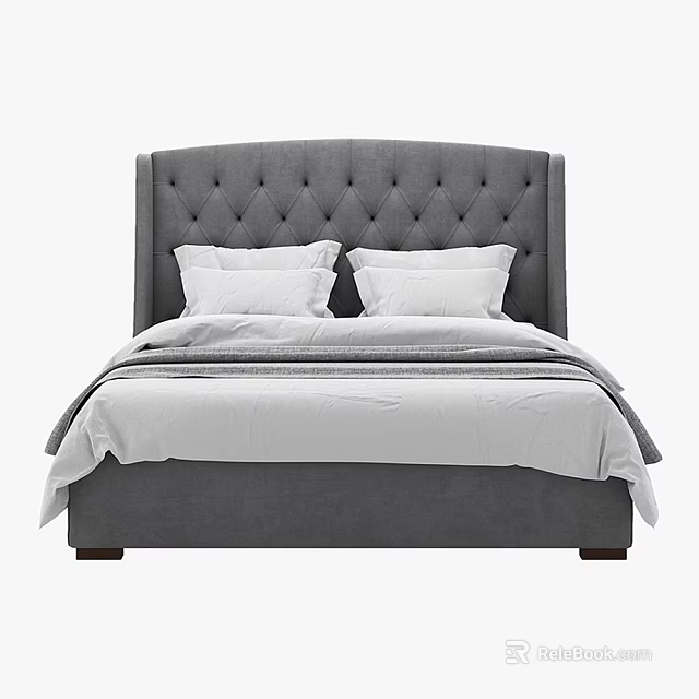 Elegant Double Bed With Gray Tufted Headboard White Bedding And Pillows 3d model