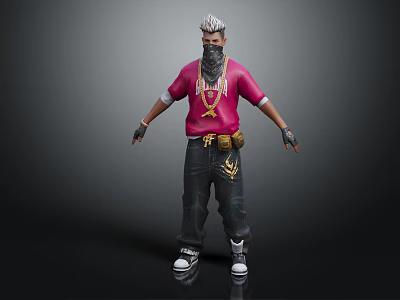Stylish Character In Red Shirt Black Pants With Silver Hair Bandana Mask And Gold Necklace 3d model