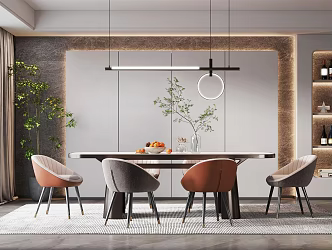 Modern Restaurant Dining Table and Chair Combination Green Plant Ornaments Restaurant Ornaments Restaurant Chandelier Red Wine 3d model