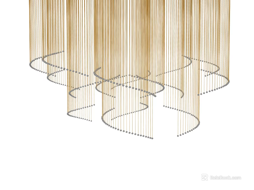 Modern Gold Curved Chandelier With Beaded Strands And Metal Decor Design 3d model 