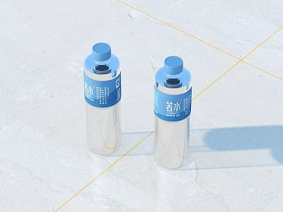 Refreshing Bottled Beverage In Transparent Plastic Containers With Blue Caps And Labels 3d model