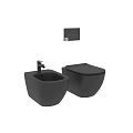 Sleek Black Wall Mounted Toilet With Matching Sink And Modern Faucet In Bathroom