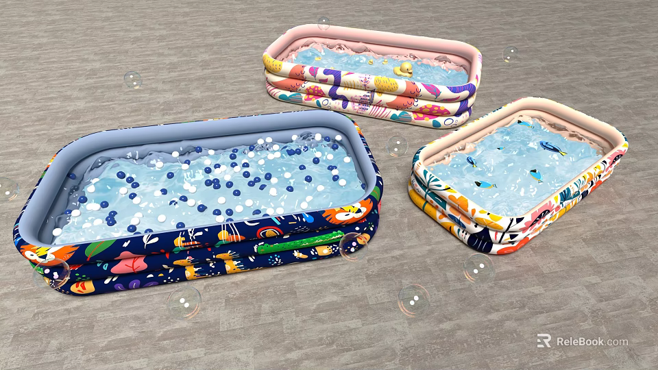 Colorful Patterned Inflatable Pools With Bubbles And Playful Designs For Kids 3d model 