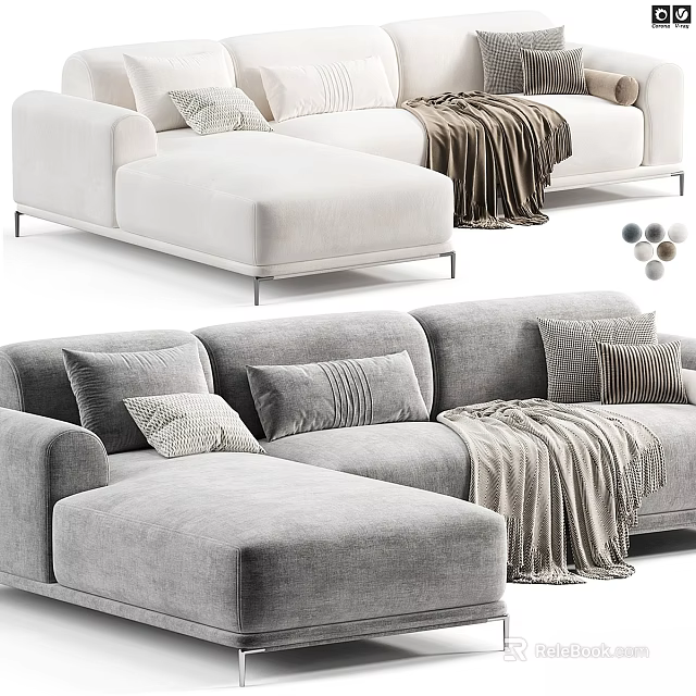 Modern L Shaped White And Gray Two Seater Sofa With Pillows And Blanket 3d model 