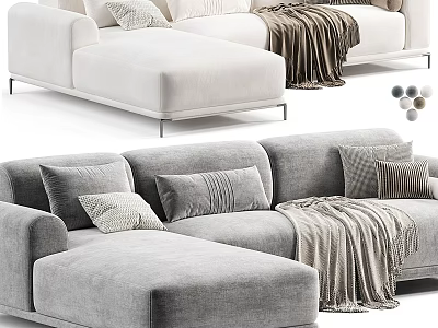 Modern L Shaped White And Gray Two Seater Sofa With Pillows And Blanket 3d model