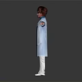 Character Wearing Blue Long Coat White Pants Glasses with Arms Outstretched Against Gray Gradient Background
